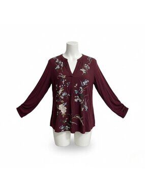 Tiny Womens Burgundy Embroidered Long Sleeve Rayon Tunic Blouse Size L